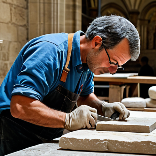 Home 8 **
"A professional stone mason, fully clothed in appropriate work attire, carefully chiseling a block of limestone in a historic French cathedral workshop. The workshop is filled with tools and partially carved stones. Perfect anatomy, correct proportions, natural pose, well-formed hands, proper finger count, natural body proportions, safe for work, appropriate content, fully clothed, professional, modest, family-friendly, high quality, intricate details."
**