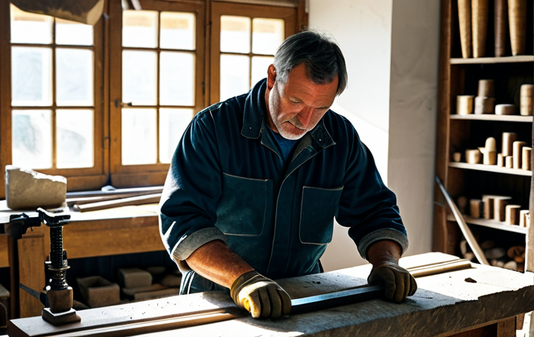 문화재수리기술자 실기시험 연습 도구 추천 - **
"A fully clothed restoration technician carefully measuring a stone block with a caliper in a su...
