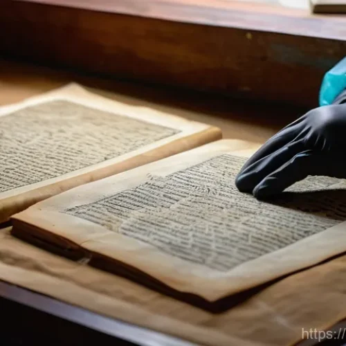 문화재수리기술자 직무별 역할 - **"A close-up of a highly focused conservator meticulously working on a delicate medieval manuscript...