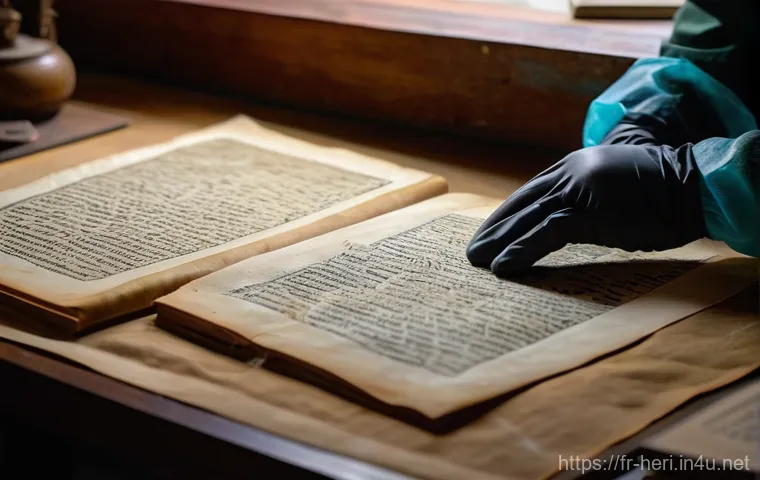 문화재수리기술자 직무별 역할 - **"A close-up of a highly focused conservator meticulously working on a delicate medieval manuscript...