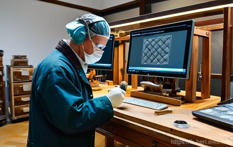 문화재수리기술자 직무별 역할 - **"A close-up of a highly focused conservator meticulously working on a delicate medieval manuscript...