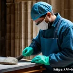 문화재수리기술자 자격증의 산업적 가치 - A skilled artisan conservator working meticulously on a centuries-old French cathedral stone sculptu...