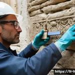 Home 17 문화재수리기술자 실무에서의 문제 해결 능력 - A detailed close-up scene of an artisan carefully restoring an ancient limestone wall on a historic ...