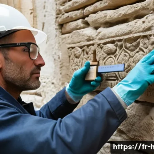 Home 29 문화재수리기술자 실무에서의 문제 해결 능력 - A detailed close-up scene of an artisan carefully restoring an ancient limestone wall on a historic ...