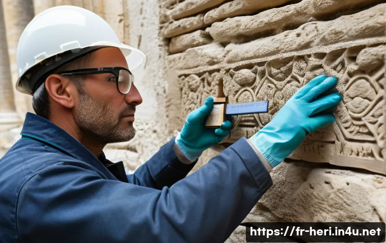 문화재수리기술자 실무에서의 문제 해결 능력 - A detailed close-up scene of an artisan carefully restoring an ancient limestone wall on a historic ...