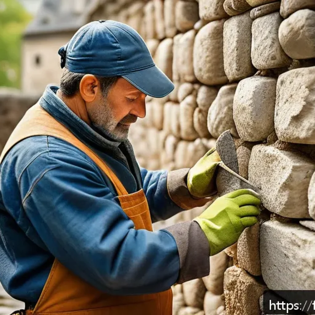 문화재수리기술자 필수 실무 능력 - A detailed scene of an expert artisan carefully restoring a medieval stone wall using traditional li...