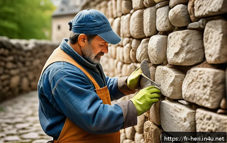 문화재수리기술자 필수 실무 능력 - A detailed scene of an expert artisan carefully restoring a medieval stone wall using traditional li...