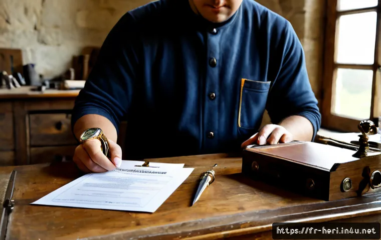 Home 17 문화재수리기술자 자격증 유효기간 및 갱신 - Photorealistic French heritage restoration technician reviewing a blank official-looking certificate...