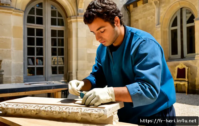 문화재수리기술자 자격증과 경력의 상관관계 - Photorealistic French heritage restoration workshop, experienced stone conservator guiding a younger...